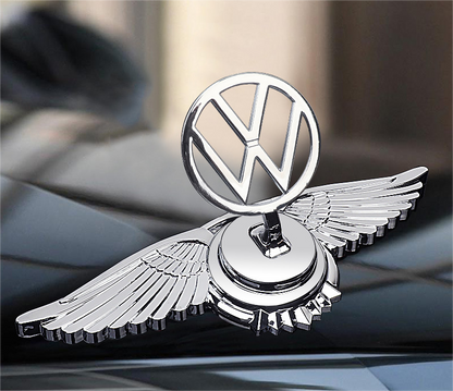Volkswagen VW engine hood logo with angel wings - 3D chrome metal emblem for car bonnet customization
